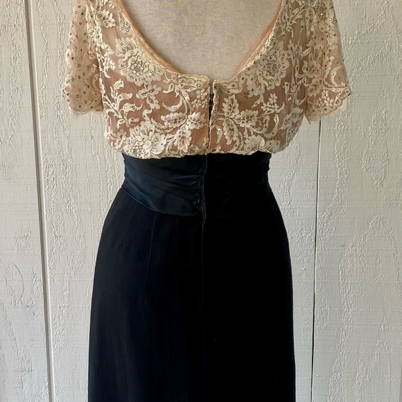 Vtg 60s Black Ivory Floral Lace Cocktail Dress Rhinestone Sz S Handmade As Is - Picture 9 of 13